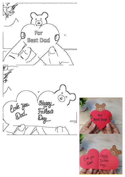 DIY Father's Day greeting card with a teddy bear holding red hearts. Messages read 'For Best Dad,' 'Love you Dad,' and 'Happy Father's Day.'