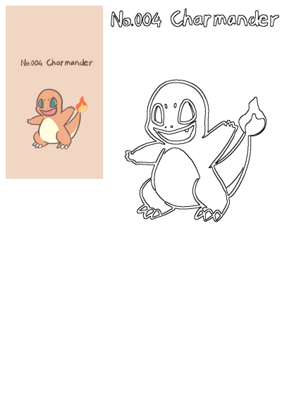 A cute Charmander Pokemon No 004 cartoon character, presented as a vibrant colored illustration and a detailed outline sketch.