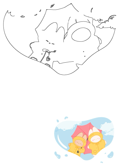 Two adorable bunnies wearing yellow raincoats share a pink umbrella, happily enjoying a rainy day with soft clouds.