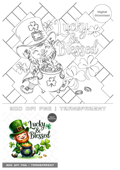 A cheerful St. Patrick's Day leprechaun in an outline SVG, holding a pot of gold, surrounded by shamrocks, with "Lucky & Blessed" text.