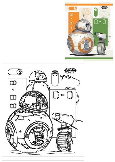 Star Wars poster showcasing BB-8 and D-O droids in a vibrant design, complemented by a detailed black and white line art version.