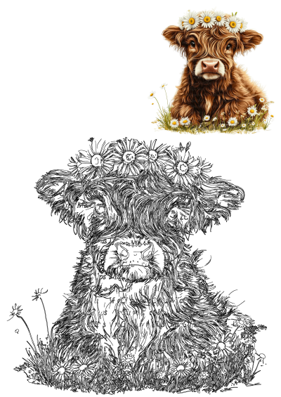Adorable fluffy Highland calf with a daisy crown, shown in a colorful clipart and a black and white line art illustration.