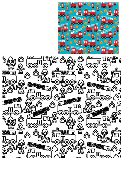 Vibrant cartoon firetrucks seamless pattern on blue, featuring cute firefighters, trucks, and flames. An outline version is also included.