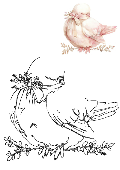 A charming watercolor depiction of a pale pink dove with a pretty bow and floral accents, perched serenely on a leafy branch.