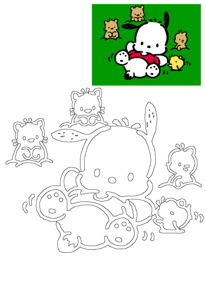 Pochacco with friends illustration cartoon dog puppy, playing on green grass with brown and yellow companions. Features both colored art and outline.