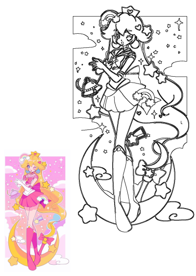 Pink-haired cartoon girl, a fusion of Sailor Moon and Princess Peach, in a sailor uniform, surrounded by stars, a crescent moon, clouds, and rainbows.