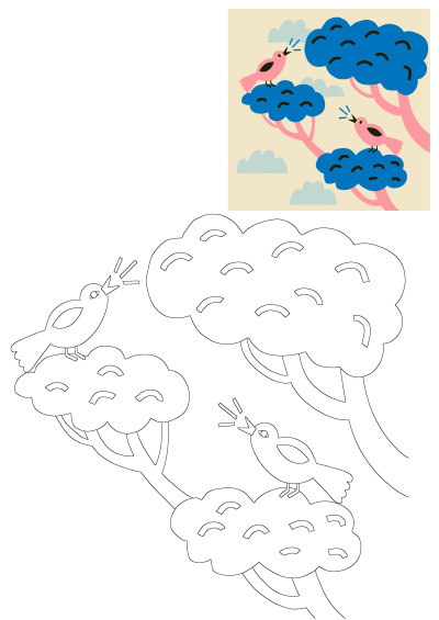 Vibrant design of pink birds singing on blue trees with pink trunks, including a black-and-white outline for coloring activities.