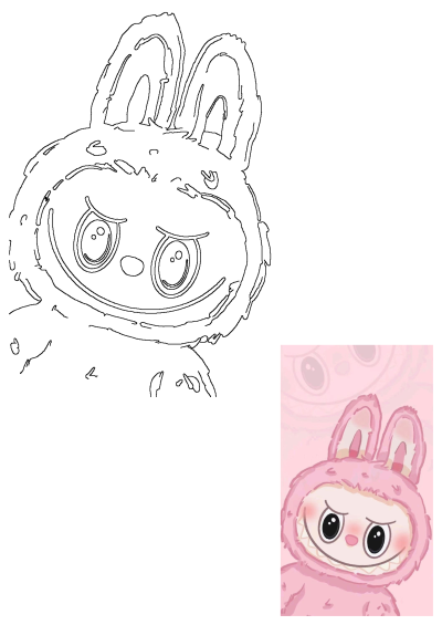 Pink Bunny Cartoon Character Cute Monster. A black outline drawing of the playful creature, featuring big eyes and a wide, toothy grin.