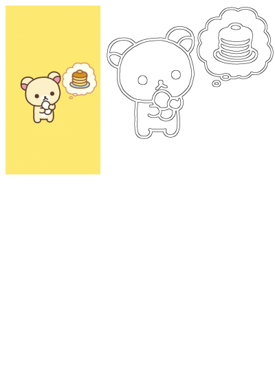 Adorable cartoon bear thinking of pancakes for breakfast or a sweet treat. Features a colored version on yellow and a black line art outline.