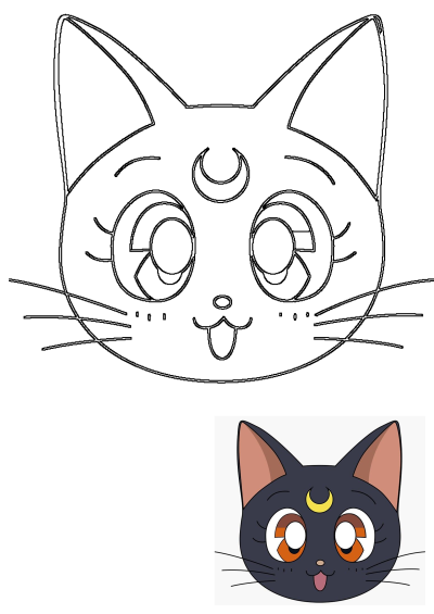 A cute black anime-style cat head with a crescent moon on its forehead, presented as both a black outline drawing and a vibrant colored illustration.