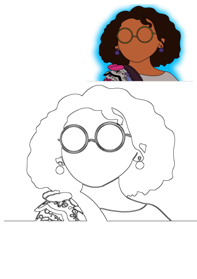Cartoon illustration of a woman with dark skin, curly hair, round glasses, purple earrings, and a colorful sweater.