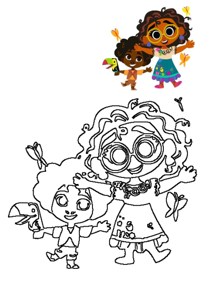 Joyful Encanto cartoon children Mirabel and Antonio, shown together with a toucan and butterflies, presented in both color and outline form.