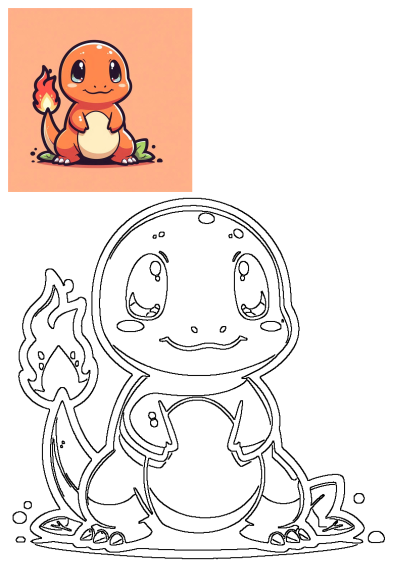 Cute Charmander Pokemon cartoon with an iconic flame tail. This adorable orange creature is sitting happily, ready for adventure.