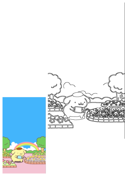 A cute yellow cartoon dog is watering bright yellow and pink flowers in a garden bed under a beautiful rainbow and blue sky.