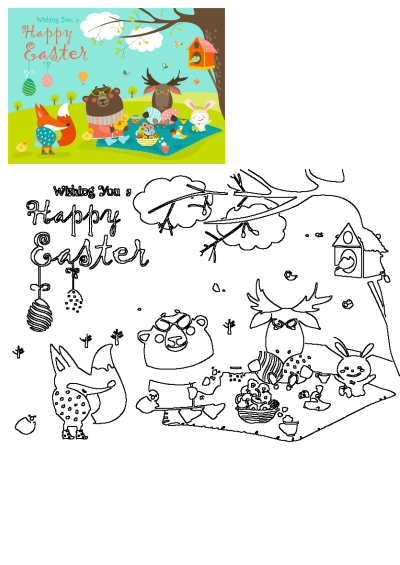 Happy Easter card showing a fox, bear, moose, bunny, birds, and chicks picnicking with eggs. Includes a matching outline drawing.