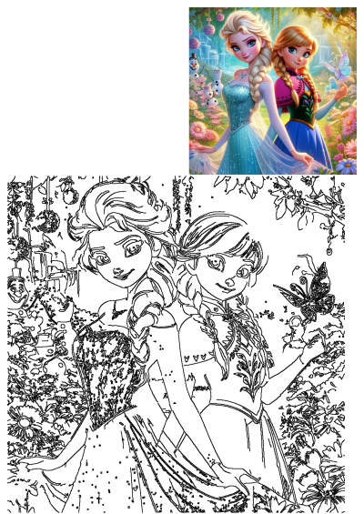 Frozen Princesses Anna and Elsa in a magical garden, surrounded by vibrant flowers, trees, and butterflies, with waterfalls.