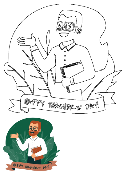 A happy male teacher illustration for Teachers' Day, wearing glasses and holding a book, set against a leafy background with a festive banner.