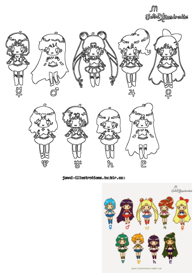 Black and white line art illustration of nine adorable chibi Sailor Scouts, each with their unique outfit and corresponding planetary symbol.