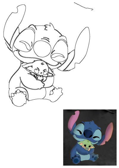 A cute cartoon fan art depicting Stitch affectionately hugging Baby Yoda, with both a vibrant colored version and a clear outline.