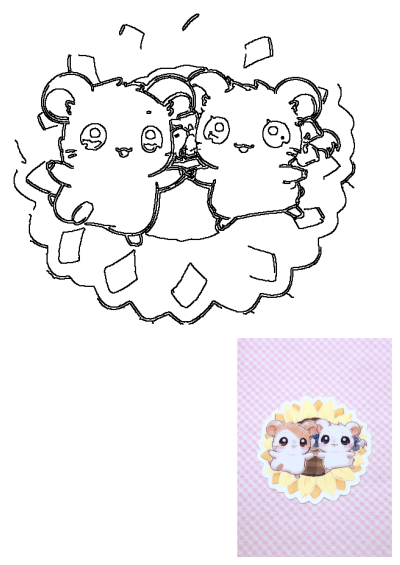 Cute cartoon mouse sticker featuring two kawaii mice on a yellow sunflower, perfect for art or craft projects. Displayed on pink gingham.