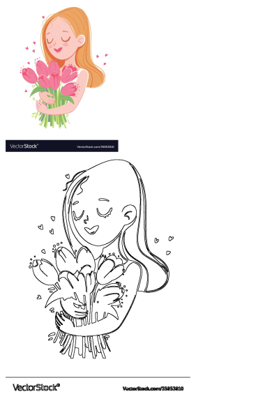 Happy cartoon girl with ginger hair lovingly hugging a bouquet of pink tulips, surrounded by floating hearts, on a white background.