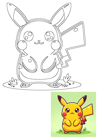A cute cartoon Pikachu outline featuring its iconic lightning bolt tail, standing on a patch of grass, perfect for coloring.