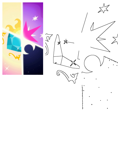 My Little Pony divided art showing vibrant sun/moon magic, star shapes, and outline cutie mark elements.
