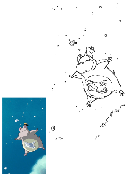 Bo Mouse character from Spirited Away, a cute grey rat with a hat, happily flying in the sky amidst floating bubbles. Cartoon illustration.