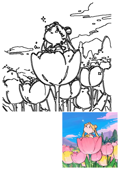 An adorable kawaii chibi Sailor Moon sits on a giant pink tulip in a vibrant field with mountains and a beautiful sky.