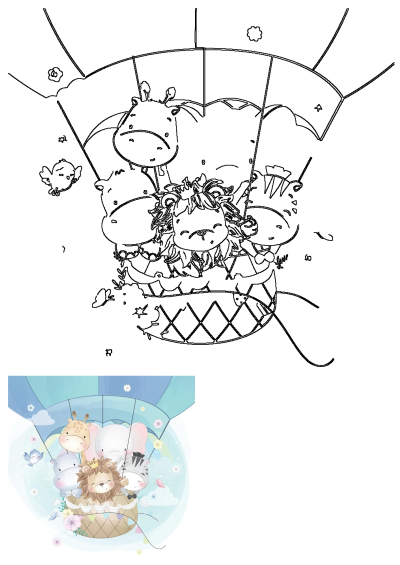 Cute baby animals, including a lion, giraffe, elephant, hippo, and zebra, joyfully ride a hot air balloon with a flying bird.