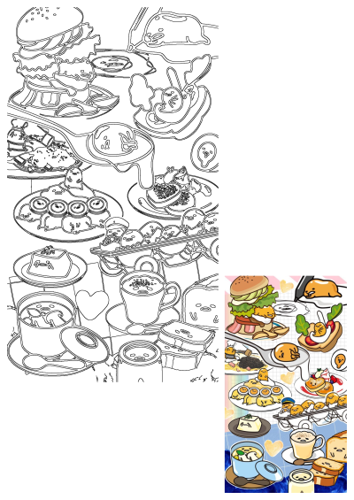 Gudetama themed food collage cartoon featuring various meals: hamburger, pancakes, soup, coffee, and toast, all with the lazy egg.