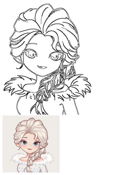 Outline cartoon drawing of Princess Elsa from Frozen with long white braided hair and a distinctive fur collar.