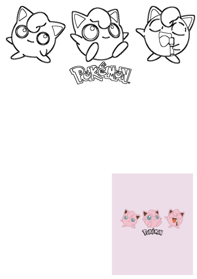 Cute pink Jigglypuff Pokemon characters are illustrated in three distinct poses, alongside the official Pokemon logo.