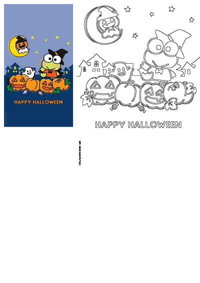 Keroppi as a witch celebrates Halloween with cute pumpkins, a friendly ghost, and a moon containing a spooky pumpkin.