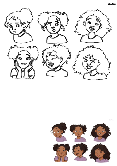 Cartoon girl with curly hair displays various emotions: happiness, sadness, anger, and joy, in outline and colored illustrations.