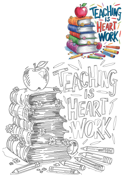 Teaching Is Heart Work image of stacked books, apple, and pencils. Features both a vibrant colored artwork and an outline for coloring.