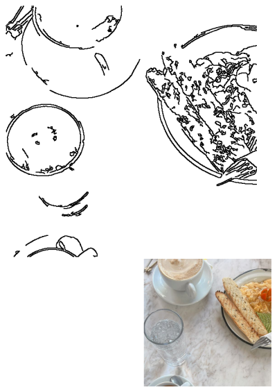 Titi Delbauer's breakfast spread with coffee, scrambled eggs, garlic toast, fresh avocado, and water on a marble table.