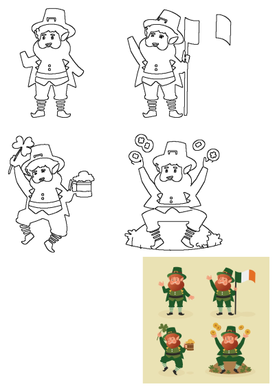 A collection of festive St. Patrick's Day leprechaun characters holding shamrocks, beer, Irish flag, and gold coins.