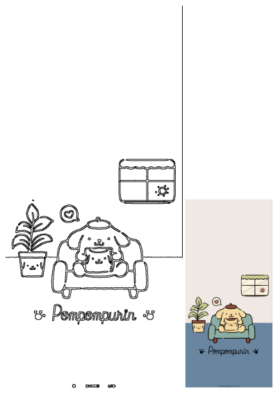 Pompompurin, the Sanrio character, relaxing on a cute couch indoors with a potted plant, alongside its line art version.