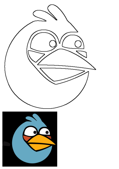 Angry Birds Blue Bird illustration, showing the iconic character with angry eyes and yellow beak, next to its black outline drawing.