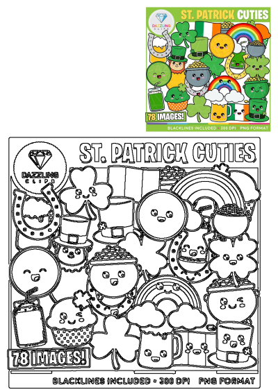 Cute St. Patrick's Day clipart bundle with adorable shamrocks, leprechaun hats, rainbows, pots of gold, and Irish flag elements.