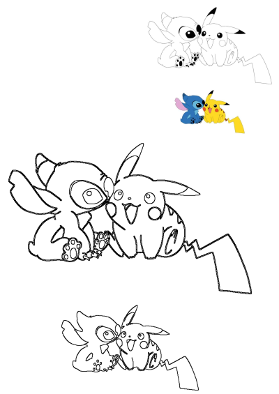 Cute outline of Stitch and Pikachu from Pokemon cuddling, suitable for coloring activities. This design captures their friendly bond.