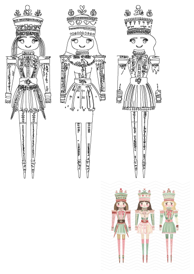 Outline and vibrant colored illustrations of three charming female nutcracker princess dolls, perfect for festive crafts.