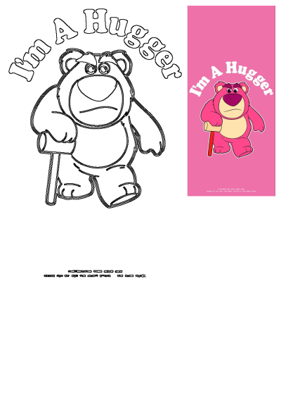 Lotso Huggin' Bear 'I'm A Hugger' sticker and a black outline drawing for coloring, depicting the pink bear with a cane.