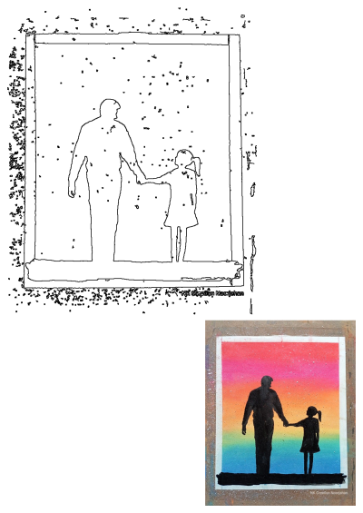 Vibrant art featuring a father and daughter silhouette holding hands, set against a stunning rainbow gradient background. Perfect for family themes.