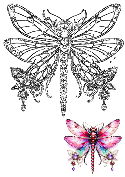 Vibrant jeweled steampunk dragonfly illustration featuring shimmering pink, purple, teal wings, a red body, and intricate gear-like details.