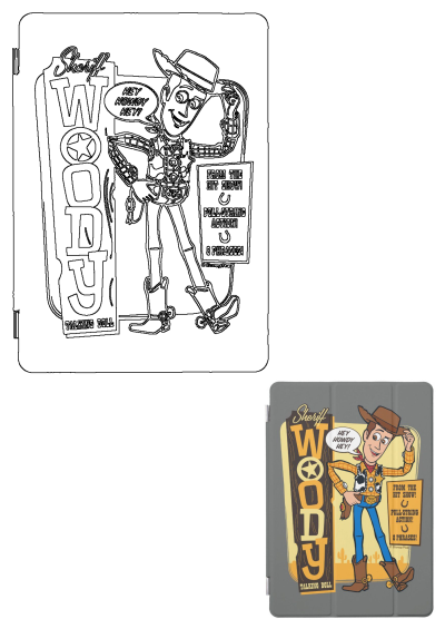Toy Story Woody Talking Doll iPad case design featuring Sheriff Woody tipping his hat, 'HEY HOWDY HEY!', and pull-string action text.