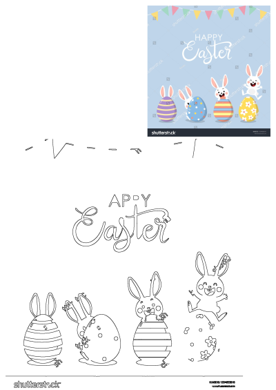 A vibrant Happy Easter greeting card features cheerful bunnies and beautifully decorated eggs, accompanied by a black and white outline version.