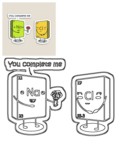 Chemistry love element sticker showing Na giving flowers to Cl with 'You complete me' text, symbolizing their bond. Includes line art.