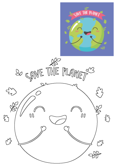 A vibrant 'Save The Planet' poster depicting a joyful Earth character with a wide smile, surrounded by green leaves, advocating for environmental care.